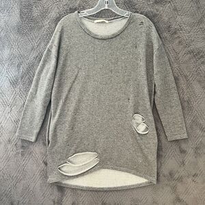 Better Be Womens Gray Distressed Tunic Top Cutout Hem Long Sleeve Small